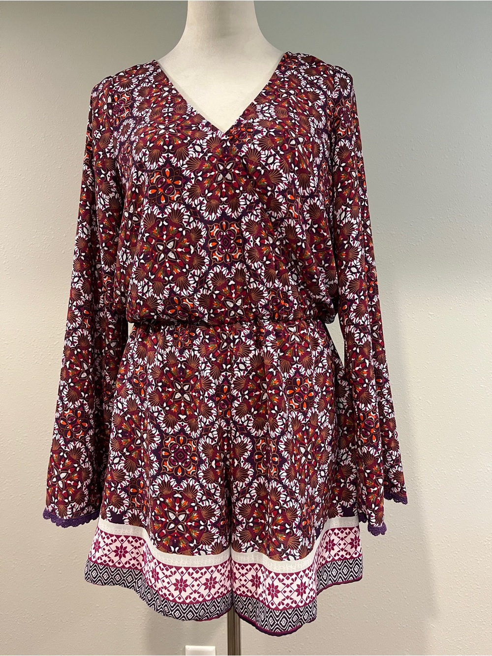 Vibrant Burgundy Floral long sleeves V-Neck Romper